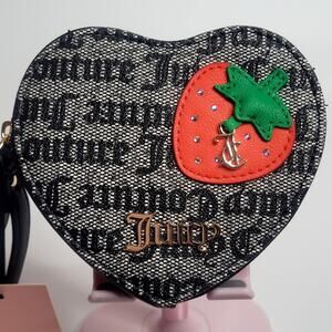 Juicy Couture Black‎ Beige Freshly Picked Strawberry Heart Zip Around Wallet NWT